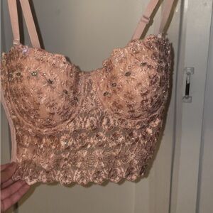 Light pink Sexy Lace & Rhinestone Crop Top Size M